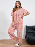 SHOWMALL Women's Plus Size Printed 2 Piece Outfit Set, Soft Bloom Scoop Neck Short Sleeve Top and Pocket Pants, Floral Print Lounge & Sleepwear