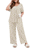 SHOWMALL Women's Plus Size Printed 2 Piece Outfit Set, Soft Bloom Scoop Neck Short Sleeve Top and Pocket Pants, Floral Print Lounge & Sleepwear