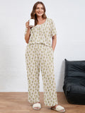 SHOWMALL Women's Plus Size Printed 2 Piece Outfit Set, Soft Bloom Scoop Neck Short Sleeve Top and Pocket Pants, Floral Print Lounge & Sleepwear