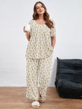SHOWMALL Women's Plus Size Printed 2 Piece Outfit Set, Soft Bloom Scoop Neck Short Sleeve Top and Pocket Pants, Floral Print Lounge & Sleepwear
