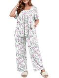 SHOWMALL Women's Plus Size Printed 2 Piece Outfit Set, Soft Bloom Scoop Neck Short Sleeve Top and Pocket Pants, Floral Print Lounge & Sleepwear