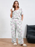 SHOWMALL Women's Plus Size Printed 2 Piece Outfit Set, Soft Bloom Scoop Neck Short Sleeve Top and Pocket Pants, Floral Print Lounge & Sleepwear