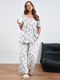 SHOWMALL Women's Plus Size Printed 2 Piece Outfit Set, Soft Bloom Scoop Neck Short Sleeve Top and Pocket Pants, Floral Print Lounge & Sleepwear