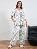 SHOWMALL Women's Plus Size Printed 2 Piece Outfit Set, Soft Bloom Scoop Neck Short Sleeve Top and Pocket Pants, Floral Print Lounge & Sleepwear