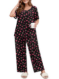 SHOWMALL Women's Plus Size Printed 2 Piece Outfit Set, Soft Bloom Scoop Neck Short Sleeve Top and Pocket Pants, Floral Print Lounge & Sleepwear