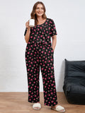 SHOWMALL Women's Plus Size Printed 2 Piece Outfit Set, Soft Bloom Scoop Neck Short Sleeve Top and Pocket Pants, Floral Print Lounge & Sleepwear