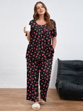 SHOWMALL Women's Plus Size Printed 2 Piece Outfit Set, Soft Bloom Scoop Neck Short Sleeve Top and Pocket Pants, Floral Print Lounge & Sleepwear