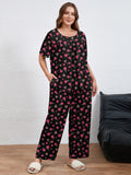 SHOWMALL Women's Plus Size Printed 2 Piece Outfit Set, Soft Bloom Scoop Neck Short Sleeve Top and Pocket Pants, Floral Print Lounge & Sleepwear