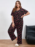 SHOWMALL Women's Plus Size Printed 2 Piece Outfit Set, Soft Bloom Scoop Neck Short Sleeve Top and Pocket Pants, Floral Print Lounge & Sleepwear