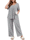 SHOWMALL Women's Plus Size Printed 2 Piece Outfit Set, Soft Bloom Scoop Neck Short Sleeve Top and Pocket Pants, Floral Print Lounge & Sleepwear