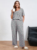 SHOWMALL Women's Plus Size Printed 2 Piece Outfit Set, Soft Bloom Scoop Neck Short Sleeve Top and Pocket Pants, Floral Print Lounge & Sleepwear