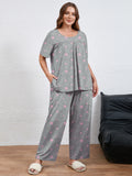 SHOWMALL Women's Plus Size Printed 2 Piece Outfit Set, Soft Bloom Scoop Neck Short Sleeve Top and Pocket Pants, Floral Print Lounge & Sleepwear