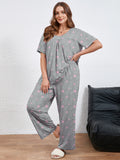 SHOWMALL Women's Plus Size Printed 2 Piece Outfit Set, Soft Bloom Scoop Neck Short Sleeve Top and Pocket Pants, Floral Print Lounge & Sleepwear