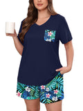 Women's Plus Size Pajama Set, 2 Piece Loungewear Sleepwear for Spring Summer Fall, Short Sleeve Top and Printed Shorts with Side Pockets