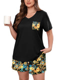 Women's Plus Size Pajama Set, 2 Piece Loungewear Sleepwear for Spring Summer Fall, Short Sleeve Top and Printed Shorts with Side Pockets