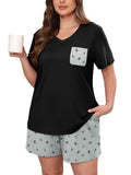 Women's Plus Size Pajama Set, 2 Piece Loungewear Sleepwear for Spring Summer Fall, Short Sleeve Top and Printed Shorts with Side Pockets