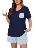 Women's Plus Size Pajama Set, 2 Piece Loungewear Sleepwear for Spring Summer Fall, Short Sleeve Top and Printed Shorts with Side Pockets