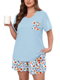 Women's Plus Size Pajama Set, 2 Piece Loungewear Sleepwear for Spring Summer Fall, Short Sleeve Top and Printed Shorts with Side Pockets