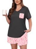 Women's Plus Size Pajama Set, 2 Piece Loungewear Sleepwear for Spring Summer Fall, Short Sleeve Top and Printed Shorts with Side Pockets