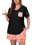 Women's Plus Size Pajama Set, 2 Piece Loungewear Sleepwear for Spring Summer Fall, Short Sleeve Top and Printed Shorts with Side Pockets