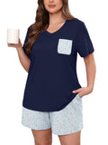 Women's Plus Size Pajama Set, 2 Piece Loungewear Sleepwear for Spring Summer Fall, Short Sleeve Top and Printed Shorts with Side Pockets