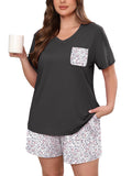 Women's Plus Size Pajama Set, 2 Piece Loungewear Sleepwear for Spring Summer Fall, Short Sleeve Top and Printed Shorts with Side Pockets