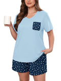 Women's Plus Size Pajama Set, 2 Piece Loungewear Sleepwear for Spring Summer Fall, Short Sleeve Top and Printed Shorts with Side Pockets