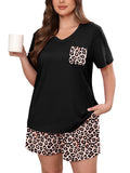Women's Plus Size Pajama Set, 2 Piece Loungewear Sleepwear for Spring Summer Fall, Short Sleeve Top and Printed Shorts with Side Pockets
