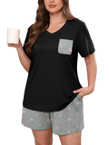 Women's Plus Size Pajama Set, 2 Piece Loungewear Sleepwear for Spring Summer Fall, Short Sleeve Top and Printed Shorts with Side Pockets