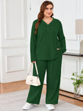 SHOWMALL Women's Plus Size Pajama Set, Long Sleeve Henley Top and Wide Leg Pants Soft Ribbed Lounge Sleepwear