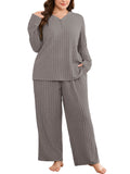 SHOWMALL Women's Plus Size Pajama Set, Long Sleeve Henley Top and Wide Leg Pants Soft Ribbed Lounge Sleepwear