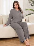 SHOWMALL Women's Plus Size Pajama Set, Long Sleeve Henley Top and Wide Leg Pants Soft Ribbed Lounge Sleepwear