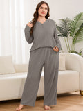 SHOWMALL Women's Plus Size Pajama Set, Long Sleeve Henley Top and Wide Leg Pants Soft Ribbed Lounge Sleepwear