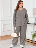 SHOWMALL Women's Plus Size Pajama Set, Long Sleeve Henley Top and Wide Leg Pants Soft Ribbed Lounge Sleepwear