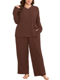 SHOWMALL Women's Plus Size Pajama Set, Long Sleeve Henley Top and Wide Leg Pants Soft Ribbed Lounge Sleepwear