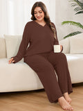 SHOWMALL Women's Plus Size Pajama Set, Long Sleeve Henley Top and Wide Leg Pants Soft Ribbed Lounge Sleepwear