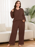 SHOWMALL Women's Plus Size Pajama Set, Long Sleeve Henley Top and Wide Leg Pants Soft Ribbed Lounge Sleepwear
