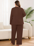 SHOWMALL Women's Plus Size Pajama Set, Long Sleeve Henley Top and Wide Leg Pants Soft Ribbed Lounge Sleepwear