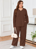 SHOWMALL Women's Plus Size Pajama Set, Long Sleeve Henley Top and Wide Leg Pants Soft Ribbed Lounge Sleepwear