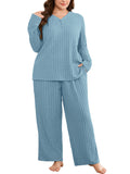 SHOWMALL Women's Plus Size Pajama Set, Long Sleeve Henley Top and Wide Leg Pants Soft Ribbed Lounge Sleepwear