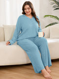 SHOWMALL Women's Plus Size Pajama Set, Long Sleeve Henley Top and Wide Leg Pants Soft Ribbed Lounge Sleepwear