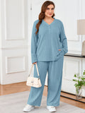SHOWMALL Women's Plus Size Pajama Set, Long Sleeve Henley Top and Wide Leg Pants Soft Ribbed Lounge Sleepwear