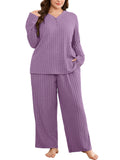 SHOWMALL Women's Plus Size Pajama Set, Long Sleeve Henley Top and Wide Leg Pants Soft Ribbed Lounge Sleepwear
