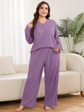 SHOWMALL Women's Plus Size Pajama Set, Long Sleeve Henley Top and Wide Leg Pants Soft Ribbed Lounge Sleepwear