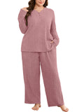 SHOWMALL Women's Plus Size Pajama Set, Long Sleeve Henley Top and Wide Leg Pants Soft Ribbed Lounge Sleepwear