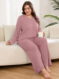 SHOWMALL Women's Plus Size Pajama Set, Long Sleeve Henley Top and Wide Leg Pants Soft Ribbed Lounge Sleepwear