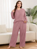 SHOWMALL Women's Plus Size Pajama Set, Long Sleeve Henley Top and Wide Leg Pants Soft Ribbed Lounge Sleepwear