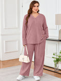 SHOWMALL Women's Plus Size Pajama Set, Long Sleeve Henley Top and Wide Leg Pants Soft Ribbed Lounge Sleepwear