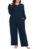 SHOWMALL Women's Plus Size Pajama Set, Long Sleeve Henley Top and Wide Leg Pants Soft Ribbed Lounge Sleepwear