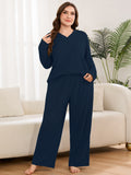 SHOWMALL Women's Plus Size Pajama Set, Long Sleeve Henley Top and Wide Leg Pants Soft Ribbed Lounge Sleepwear